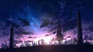 女孩站在帶刺鐵絲網後面，星空下遠方有發光的城市。 — 夜晚 GIF 壁紙