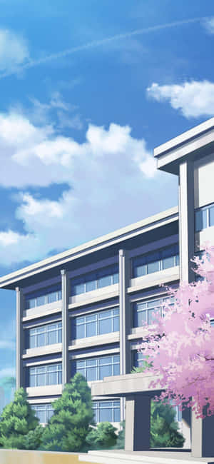 現代化學校建築，有櫻花樹，藍天白雲。