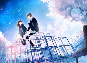 兩個動漫青少年坐在玻璃結構上，星空下，櫻花飄落。 — 動漫女孩 壁紙