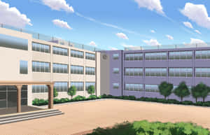 動漫學校建築，有庭院和綠樹，在藍天白雲下。