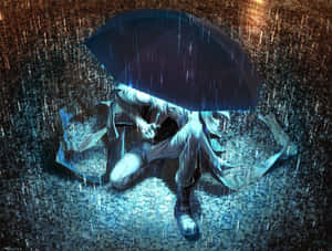 白發動漫角色在雨中坐在濕漉漉的鵝卵石街道上，撐著雨傘。 — 雨天 壁紙