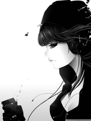 戴冷帽和耳機的動漫女孩看著手機，周圍有墨水點漂浮。 — 動畫手機GIF 壁紙