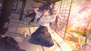 傳統日式房間中的動漫女孩，外面櫻花飄落。