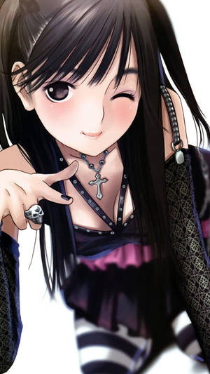 動畫女孩眨眼並指向觀眾，戴著龐克配飾。 — 可愛動漫女仔 壁紙