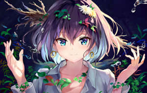 紫色頭髮和藍色眼睛的動漫女孩，被水生植物和魚類環繞。