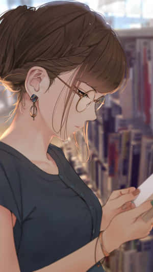 戴眼鏡的年輕女子在圖書館看書。