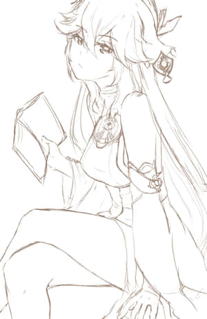 長髮動漫女孩坐著，以鉛筆素描拿著一本書。 — 可愛動漫女仔 壁紙
