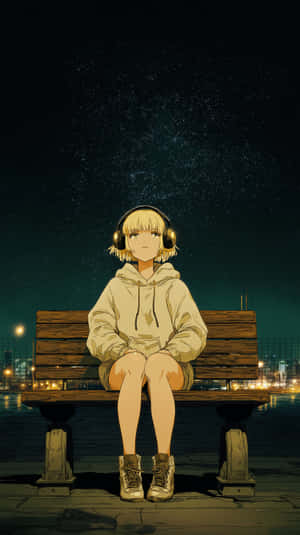 戴耳機的動漫女孩坐在星空下的長椅上，身後城市燈光倒映在水面 — 插畫 壁紙