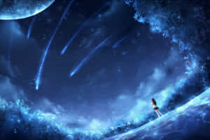 女孩站在發光的曲線上，天空中有流星和一彎新月。 — 可愛動漫女仔 壁紙