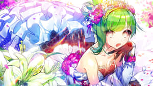 綠色頭髮戴著花冠的動漫女孩，被魔法花園中的巨型花朵包圍。 — 可愛動漫女仔 壁紙