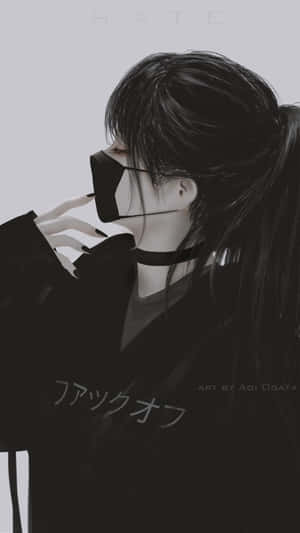 黑髮戴口罩的動漫女孩，灰階，附文字