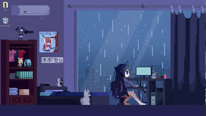 像素藝術女巫女孩在雨夜房間裡用電腦工作，有貓和動漫海報。