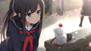 穿著水手服的動漫女孩在冬天微笑，旁邊有一個雪人。 — 可愛動漫女仔 壁紙
