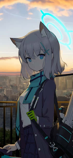 貓耳動漫女孩，城市陽台，夕陽，發光藍色螺旋