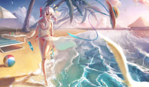 動漫女孩穿著比基尼在海灘上，伴隨著魔法般的海浪，背景是日落天空。