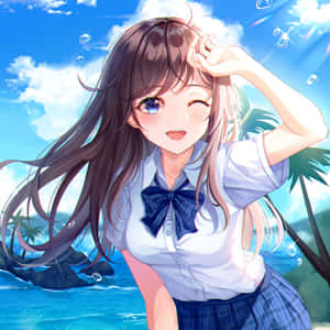 穿著校服的動畫女孩在海邊微笑，有棕櫚樹和泡泡。