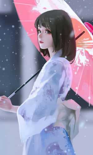 一位身穿藍色和服的年輕動漫女子，在飄雪中撐著一把粉紅色的傘。