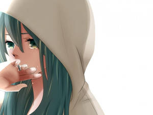 動漫女孩穿連帽衫在白色背景前手持香煙哭泣