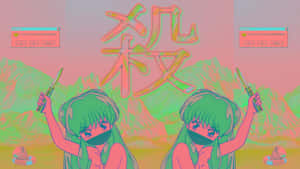 兩個戴面具的動漫女孩在故障山脈場景中手持刀具，帶有日文字元。 — 粉紅動漫美學 壁紙