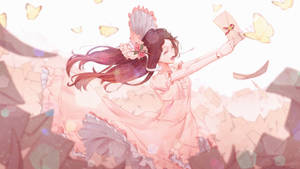 動漫女孩穿粉紅裙在柔和光中伸手觸碰蝴蝶