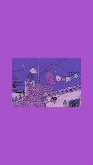 夜晚坐在屋頂上的人，星空下，附近晾著衣物。 — 紫色美學 壁紙