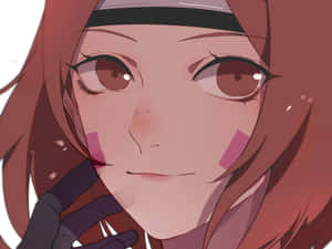 動漫少女紅髮戴頭帶，微笑帶有粉紅色臉頰標記。 — 火影忍者 壁紙