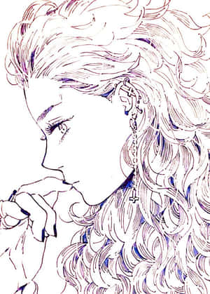 動漫女性，捲髮，戴十字架耳環，沉思姿態。 — 可愛動漫女仔 壁紙