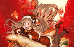動漫女孩穿著聖誕老人服裝，在紅色星空下躺在雪岩上，周圍有發光的葉子。