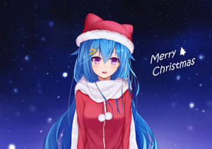 藍髮動漫女孩身穿聖誕老人服裝，在星空下帶著聖誕祝福。 — 聖誕節 壁紙