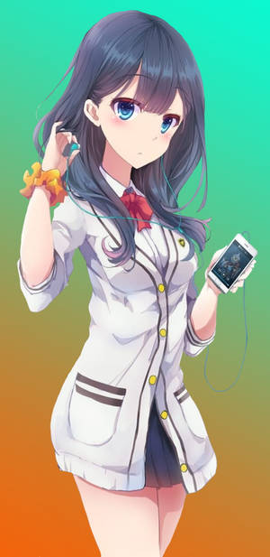 穿著校服的動畫女孩拿著手機並戴著耳機。 — 動畫手機GIF 壁紙