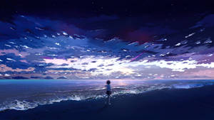 動漫女孩在星空下的夜晚獨自站在海灘上。