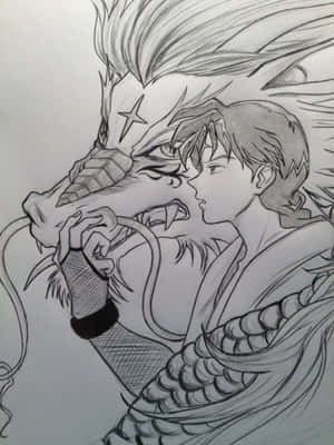 身穿傳統長袍的年輕男子擁抱著一條額頭有星的龍。 — 可愛貓咪 壁紙