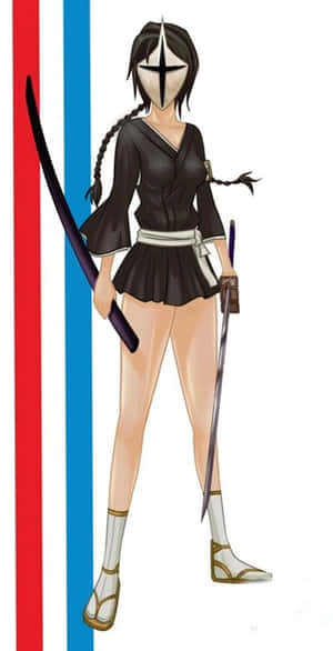 動漫忍者少女戴面具持雙刀，背景為紅、藍、白條紋。 — Pixel Fold 壁紙