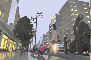 動漫女孩拿著粉紅色雨傘在黃昏時分的雨中城市街道上行走。