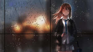 動漫女孩穿著校服站在夕陽下濺滿雨水的窗邊。 — 雨 壁紙