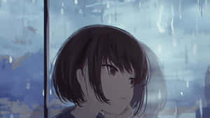 一個悲傷的動漫女孩從雨窗望向多雲的天空。 — 可愛動漫女仔 壁紙