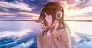 日落時分，戴著耳機的動漫女孩在海邊。 — 動漫女孩 壁紙