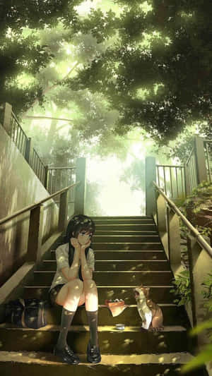 女孩和貓在枝葉繁茂的樹下戶外樓梯上休息，陽光透過樹葉灑落。