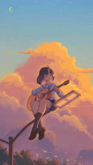 動漫女孩在黃昏的街燈上彈結他，有月亮和雲彩