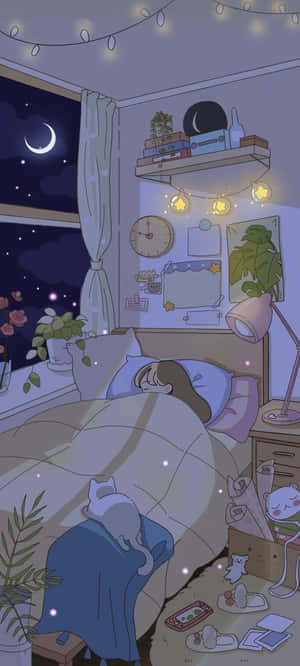 夜晚舒適的動漫臥室，有睡覺的人、貓咪和燈串。 — 可愛動漫女仔 壁紙
