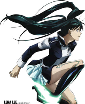 動漫角色 Lena Lee 擺出戰鬥姿勢，腳上有發光的綠色能量。 — Galaxy Z Fold 5 壁紙