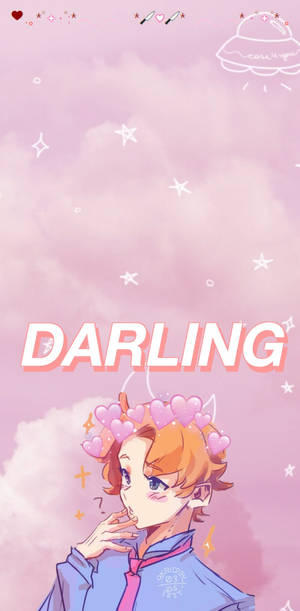 戴著心形皇冠的動漫男孩在粉紅色天空下微笑，天空有星星和「darling」文字 — 粉紅動漫美學 壁紙