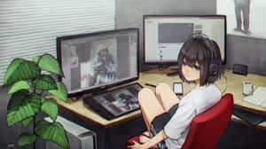 戴住耳機嘅動漫女仔喺一個有顯示器同植物嘅數碼藝術枱前工作。 — 動漫男孩 壁紙