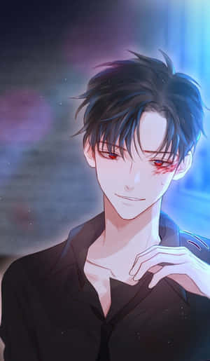 動漫男子，紅色眼睛和深色頭髮，在發光的宇宙背景下。 — Galaxy Tab A 壁紙