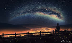 一個人坐在籬笆上觀看發光城市上空星空的剪影。 — 夜晚 GIF 壁紙