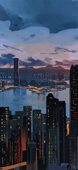 黃昏時分的城市天際線，在紫橙色天空下，發光的窗戶倒映在水面上。