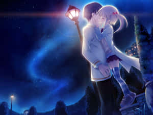 動漫情侶在星光燦爛的夜空下接吻，旁邊有發光的街燈。 — 動漫情侶 壁紙