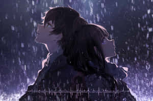 兩個動漫角色在雨中分享寧靜時刻，眼睛發光。 — 雨 壁紙