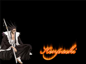動漫角色 Kenpachi Zanpakuto 手持劍坐著，火焰般的名字在他旁邊發光。 — 動漫打鬥 壁紙