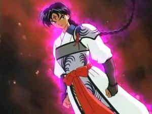 穿著傳統服裝的動漫角色，在宇宙背景下散發著發光的光環。 — 武士Champloo 壁紙